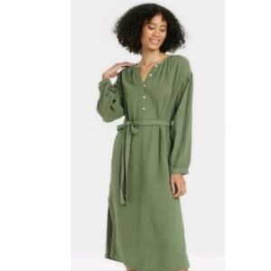 Universal Thread Long Sleeve Olive Green Midi Shirtdress Size Small